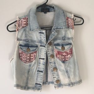 Denim, embroidered button up vest